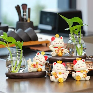 Figurine de chat porte-bonheur, ensemble de plantes hydroponiques, décoration de bureau en résine Feng Shui, ensemble multi-pièces, cadeau du Nouvel An chinois - Product Image 1