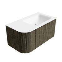 Meuble-lavabo mural flottant en noyer foncé rainuré, design incurvé vertical, avec vasque intégrée, pour salle de bain moderne