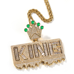 UWIN Collar con Colgante de Corona de Rey de Latón con Circonitas, con Esmalte Verde Luminoso en Forma de Gota, Joyería Hiphop para Raperos - Product Image 3