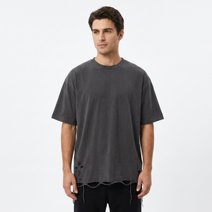 Camiseta Oversize Personalizada para Hombre, Estilo Vintage, Negra, Lavada, con Bajo Desgarrado, de Algodón, Manga Corta, Moda Urbana - Product Image 1
