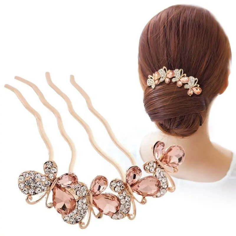 Fashional Crystal Hair Accessories Korean Style Bun Hairpin Bling Rhinestone Tuck Hair Comb Bridal Elegant Butterfly Headdress