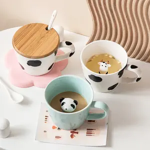 Креативная Новинка, милые фарфоровые кружки с животными, кружка для чая и кофе, рекламная керамическая кружка с деревянной крышкой