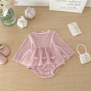 Tutina per Neonata Primavera 2026, Nuovi Arrivi, Stampa a Cuore in Rete, Colletto in Pizzo, Dolce Tuta Rosa - Product Image 2