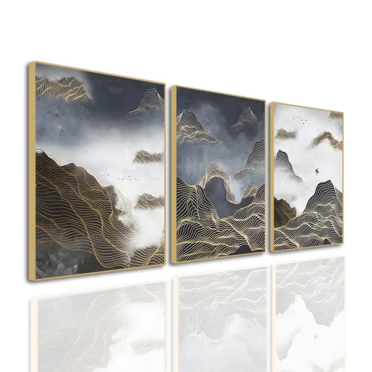 Modern Golden Line Mountain Landscape Art Print Custom Natural Scenery Picture Canvas Painting