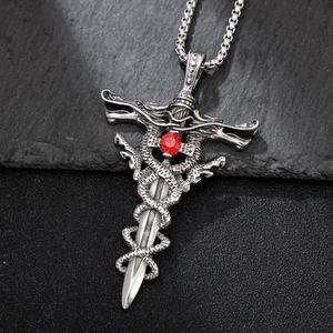 Colgante de Acero Inoxidable 316L con Doble Espada de Dragón y Cruz, Piedras Rojas y Azules, Estilo Gótico, Brujería, Animal, Vintage - Product Image 2