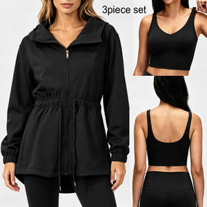 Ensemble 3 pièces pour femme : veste longue zippée, legging taille haute et ensemble de yoga, couleur unie, séchage rapide, Spandex/Nylon, impression par transfert thermique - Vente en gros usine 036 - Product Image 1