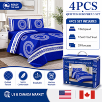 En stock : Ensemble de literie matelassé 4 pièces avec drap-housse uni assorti et couvre-lit imprimé pour le marché américain et canadien