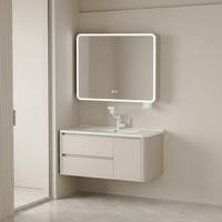 Meuble de salle de bain mural de luxe 60 cm couleur noyer, style médiéval, avec double tiroir, vasque en céramique intégrée, miroir et structure en aluminium