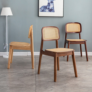 Juego de 2 sillas de comedor de ratán, sillas de cocina de madera con respaldo de caña, marco de madera de caucho, sillas laterales tapizadas de lino para comedor - Product Image 6