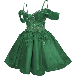 Off The Shoulder Green Evening Dress With Floral Embroidery And Sheer Layer Long Skirt Princess Style For Party - Product Image 1