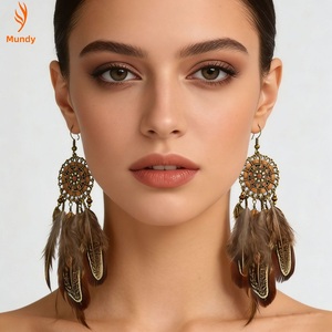 Boucles d'oreilles pendantes bohèmes en plumes naturelles, accessoires d'oreille rétro en filigrane bronze pour tenues de style <span class=keywords><strong>hippie</strong></span>, idéales pour les fêtes - Product Image 2