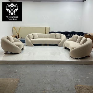 Set Divano Curvo a 3 Posti di Lusso dal Design Europeo in Velluto <span class=keywords><strong>Beige</strong></span> <span class=keywords><strong>e</strong></span> <span class=keywords><strong>Bianco</strong></span> per Soggiorno di Villa Moderna in Tessuto - Product Image 6