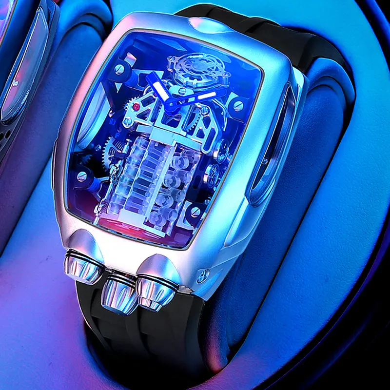 Pindu Heren Luxe Mode Motor Ontwerp Stalen Siliconen Band Automatisch Mechanisch Horloge