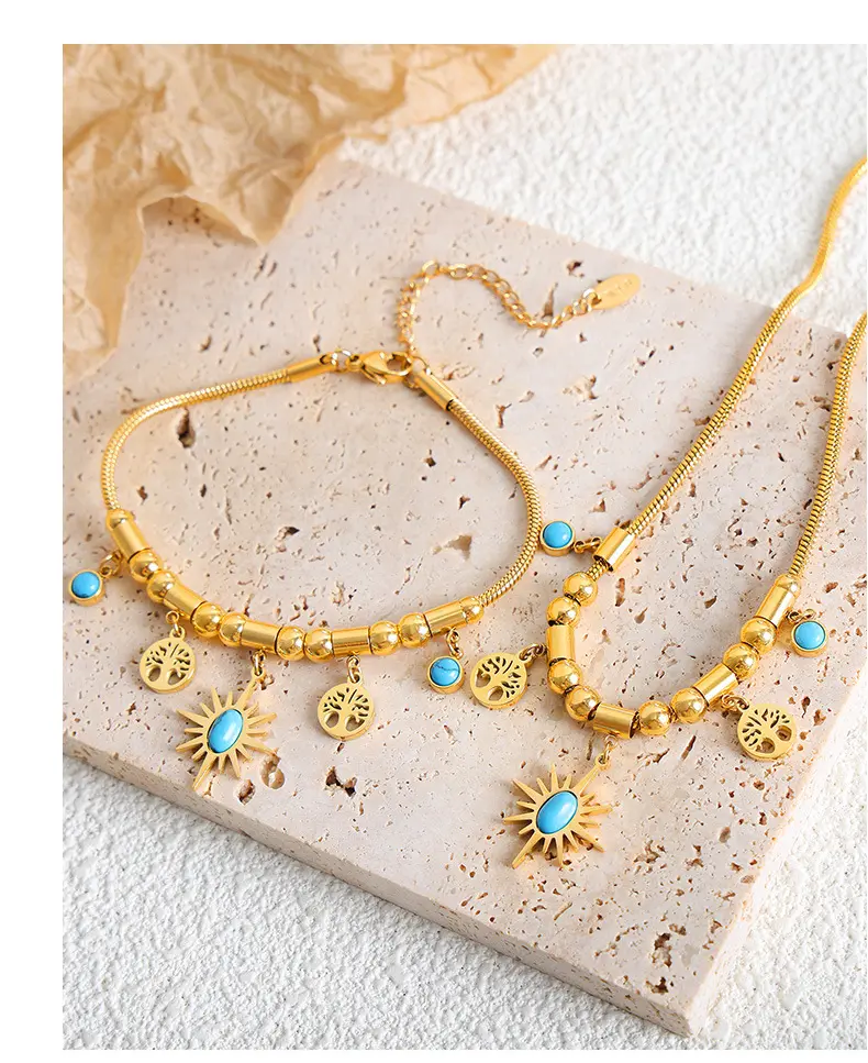 Conjunto de pulseiras de aço inoxidável para mulheres, joias vintage, pulseira com pingente de sol turquesa, pulseira árvore da vida