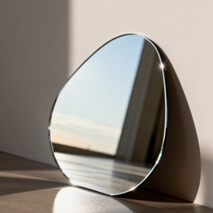 Miroir mural sans cadre en forme de galet, ovale irrégulier à bords biseautés, design contemporain pour salle de bain et salon, vente en gros - Product Image 1