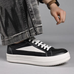 Zapatos Casuales de Cuero Genuino para Hombre, Color Negro y Blanco con Costuras en Bloques de Color, Transpirables, con Suela de Goma de Tacón Medio, Estilo para Caminar - Product Image 3