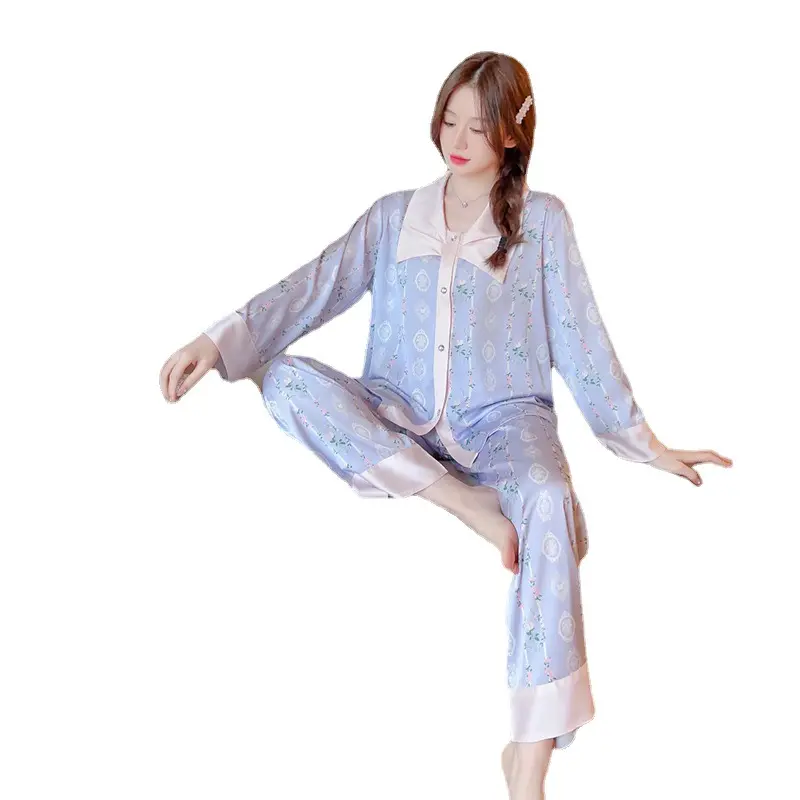 NNR Ice Silk Like Floral Printed Set Two Pieces Long Sleeves Sleepwear Luxury Pajamas for Women
