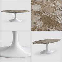 Table à manger ovale moderne de luxe, plateau en marbre brun viola naturel, piédestal en fibre de verre blanc brillant, utilisation hôtelière, personnalisable