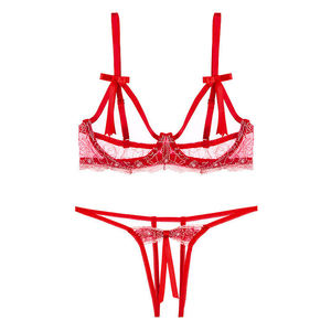 女性透视性感睡衣内衣套装蕾丝镂空文胸上衣无裆三角裤 - Product Image 2