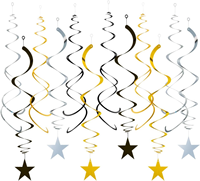 15 Stück Plastik-Sternform Schwarz Gold Silber Glitzer Spiralförmige Girlanden-Dekorationen für Abschlussfeier Geburtstag Hochzeit Neu