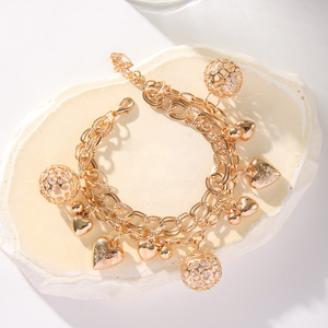 Bracelet à breloques cœur ajouré plaqué or, bijoux de fête multicouches pour femme, chaîne en alliage avec extension - Product Image 2