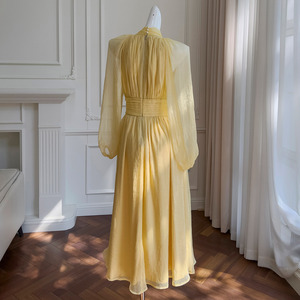 Abito Lungo <span class=keywords><strong>Giallo</strong></span> a <span class=keywords><strong>Maniche</strong></span> <span class=keywords><strong>Lunghe</strong></span> di Alta Qualità, Nuovo Stile Estivo 2026, Romantico Francese, di Nicchia, Snellente, per Feste - Product Image 3