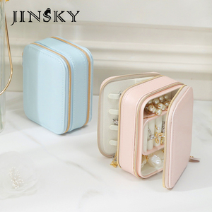 JINSKY Light <b>Blue</b> Rectangle Leather Jewelry <b>Box</b> with Zipper Closure for Jewellery <b>Storage</b> - Product Image 2