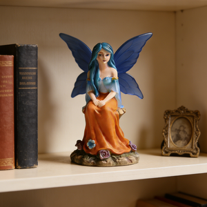 Escultura de Resina de Hada de Fantasía Personalizada, Vestido Azul y Naranja, Chica Hada Pintada a Mano Sentada en una Base de <span class=keywords><strong>Roca</strong></span> con Flores Coloridas - Product Image 3