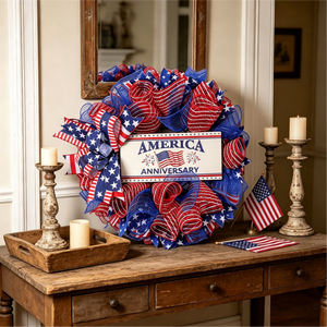 Independence Day Patriotic Wreath Round Mesh <b>Decor</b> America Anniversary Sign Hanging <b>Wall</b> Decoration for 4th of July - Product Image 3