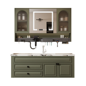 American style Green Bathroom Vanity With LED <b>Mirror</b> Display 60 In MDF Cabinet Ceramic Sink Floor Standing Rectangular Design - Product Image 1