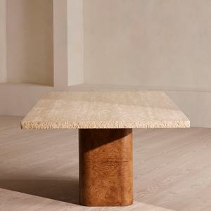 เฟอร์นิเจอร์ห้องรับประทานอาหารสมัยใหม่ ฐานไม้วีเนียร์ลายไม้ธรรมชาติ พร้อมท็อปหินทราเวอร์ทีนธรรมชาติสำหรับโต๊ะห้องนั่งเล่น - Product Image 2