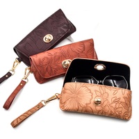 Étui à lunettes vintage en cuir PU gaufré floral, pochette de rangement rétro en métal avec fermoir rotatif et dragonne amovible