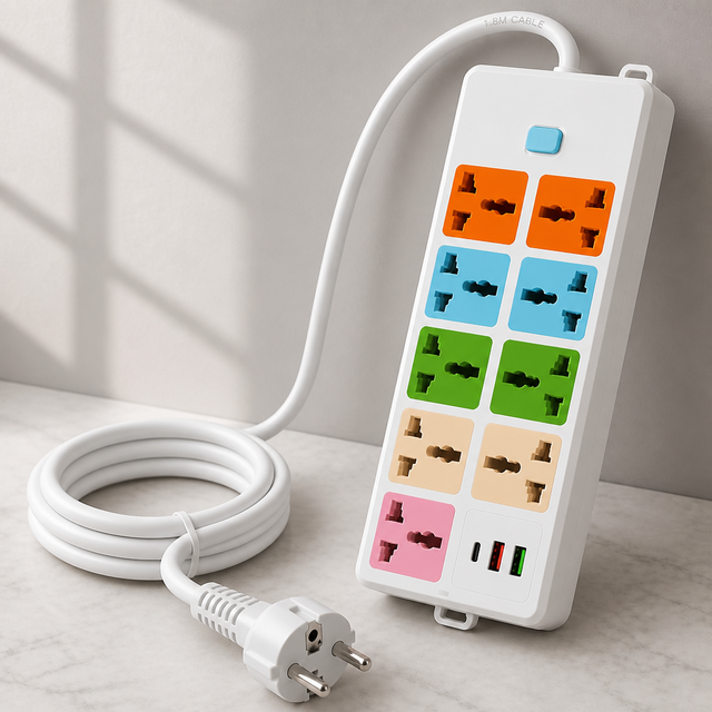 Universal IP44 10A Brass Power Strip USB Type-C PD Fast Charging 6 Multi Standard Socket Surge Protector Extension Lead Travel