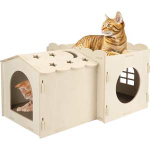 <span class=keywords><strong>Maison</strong></span> à gratter pour chat en bois, <span class=keywords><strong>maison</strong></span> pour chat avec tapis à gratter en <span class=keywords><strong>carton</strong></span>, lit pour chatons à 2 niveaux robuste pour l'intérieur avec évents - Product Image 2