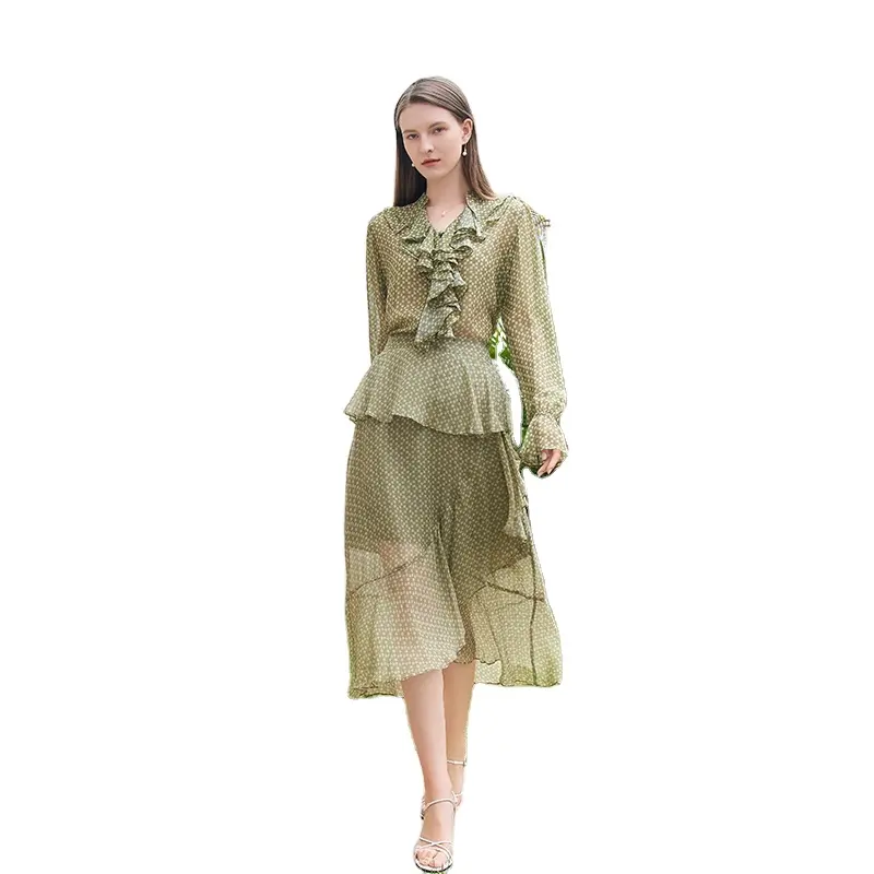 100% silk v-neck women shirt Summer green Spring tops Ruffled long sleeve lady wear clothing