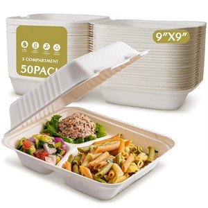 100% 堆肥化可能なサトウキビバガス食品容器6*6 "クラムシェルバーガーボックス8*8" 9*9 "9*6*3" バガスランチボックス - Product Image 2