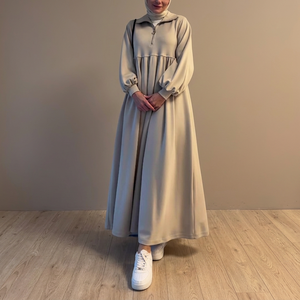Simple Solid Color Long Sleeve Maxi <b>Dress</b> With Mock Neck And Zipper Elastic Waist A-Line <b>Loose</b> Fit Casual Daily Wear Woven - Product Image 4