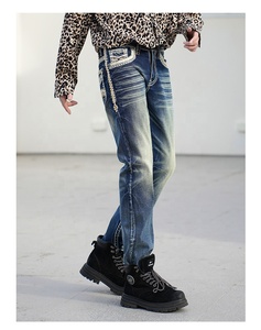 En stock: Jeans de mezclilla para hombre, de corte recto, con bordado, lavado, de costura resistente, cintura media, a la moda - Product Image 3