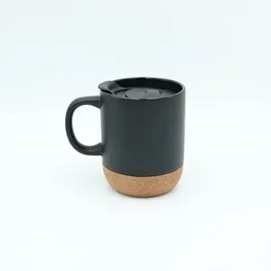 China hot selling Matt 12oz cork bottom mug with plastic cover 380ml frosted colored glaze ceramic cork Mug