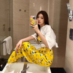 Femmes été maison pyjamas costume court long blanc petit canard jaune fleur jaune pantalon pyjamas ensembles de vêtements de nuit - Product Image 4