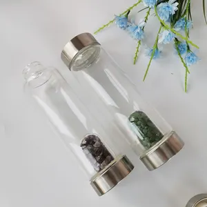 Hot selling Heat Resistant glass water bottle with Colorful Gravel Crystal Power Stone insert Custom water bottle With Cloth S