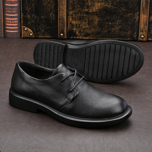 Chaussures habillées pour hommes en cuir véritable, style Oxford, bout rond, à lacets, respirantes, semelle en caoutchouc, pour le bureau et les occasions professionnelles, toutes saisons, couleur unie - Product Image 2