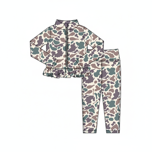 GLP2992 Tenues d'automne personnalisées avec petit camouflage marron pour enfants Vente en gros de vêtements à manches longues pour filles Ensemble yoga avec fermeture éclair - Product Image 1