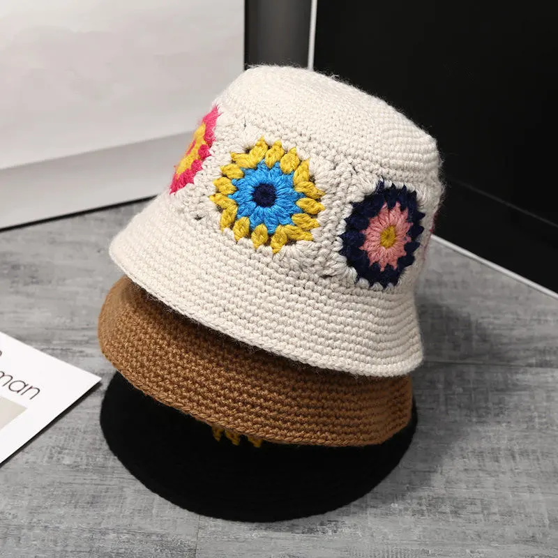 Knitted Stitching Bucket Hat Summer Winter Women Flower Dome Casual Hats Hand Crocheted Fisherman Bucket Cap