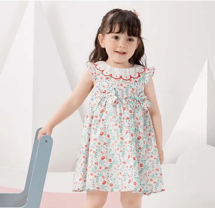 2022 new summer cartoon bow flower printed fancy cute 100% cotton little children style floral kids baby girl dresses