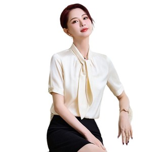 White Chiffon Blouse Women Short Sleeve Elegant Wrap Tie Office Shirt Summer Formal Inner Layer Top - Product Image 5