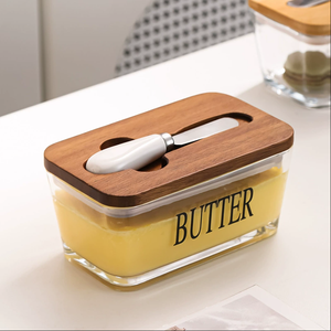 Mantequillera de Vidrio con Tapa de Madera y Cuchillo |   Logotipo Personalizado Disponible |   Contenedor Hermético para Almacenamiento de Mantequilla para Compras al por Mayor en la Cocina - Product Image 5