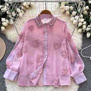 Autumn Loose Wide Sleeve Others Collar Casual Mesh Blouses Women Floral <b>Beading</b> Eco-Friendly Front Elegant <b>Tops</b> Clothes - Product Image 1