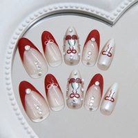 Autocollants pour ongles style européen et américain, effet œil-de-chat rouge cerise, manucure française avec nœud en strass nacré, tendance et féminin