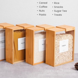 Caja de almacenamiento de arroz de bambú con tapa cuadrada de madera y ventana transparente para uso en la cocina. - Product Image 4
